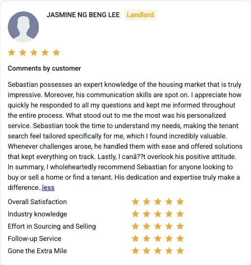 Client review from Jasmine Ng Beng Lee for Sebastian Teo Wee Kee